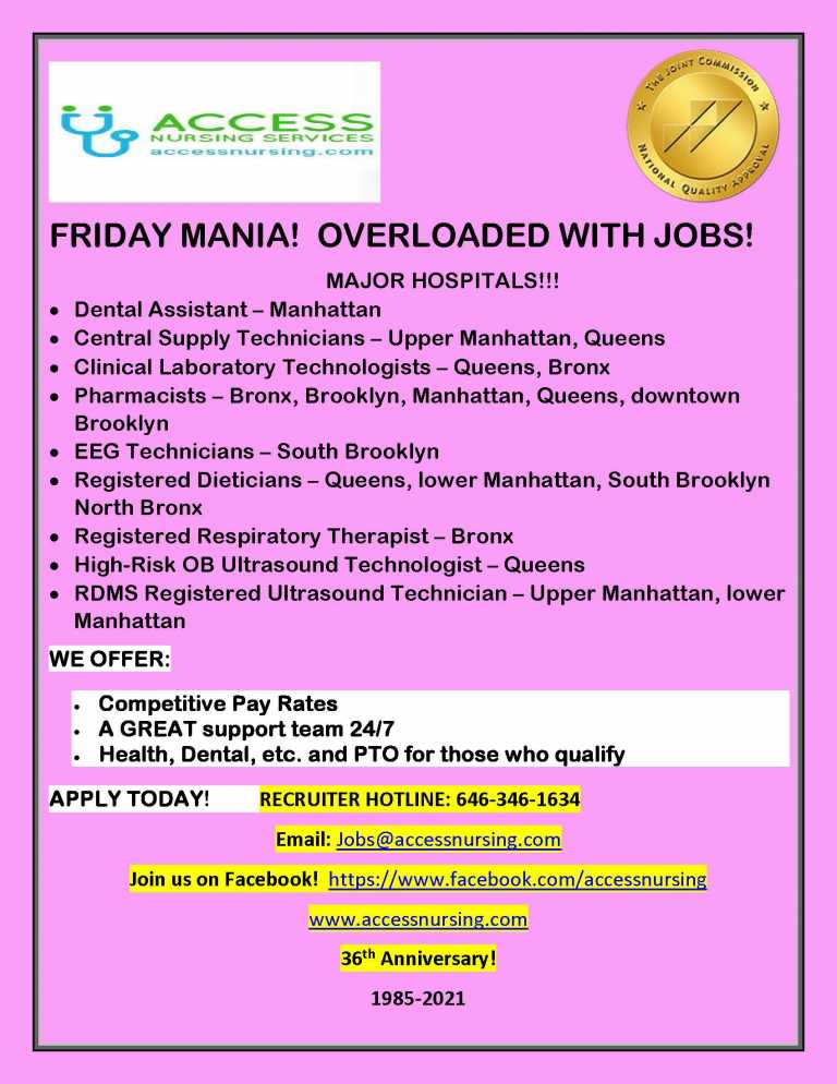 MULTIPLE POSITIONS AVAILABLE in the FIVE BOROUGHS OF NYC!  MAJOR HOSPITALS!